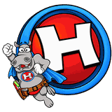 Hippo Roofing flying hippo mascot and H badge