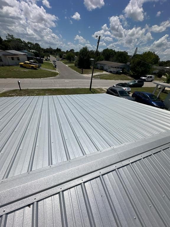 Close-up of the standing seam metal roof panels